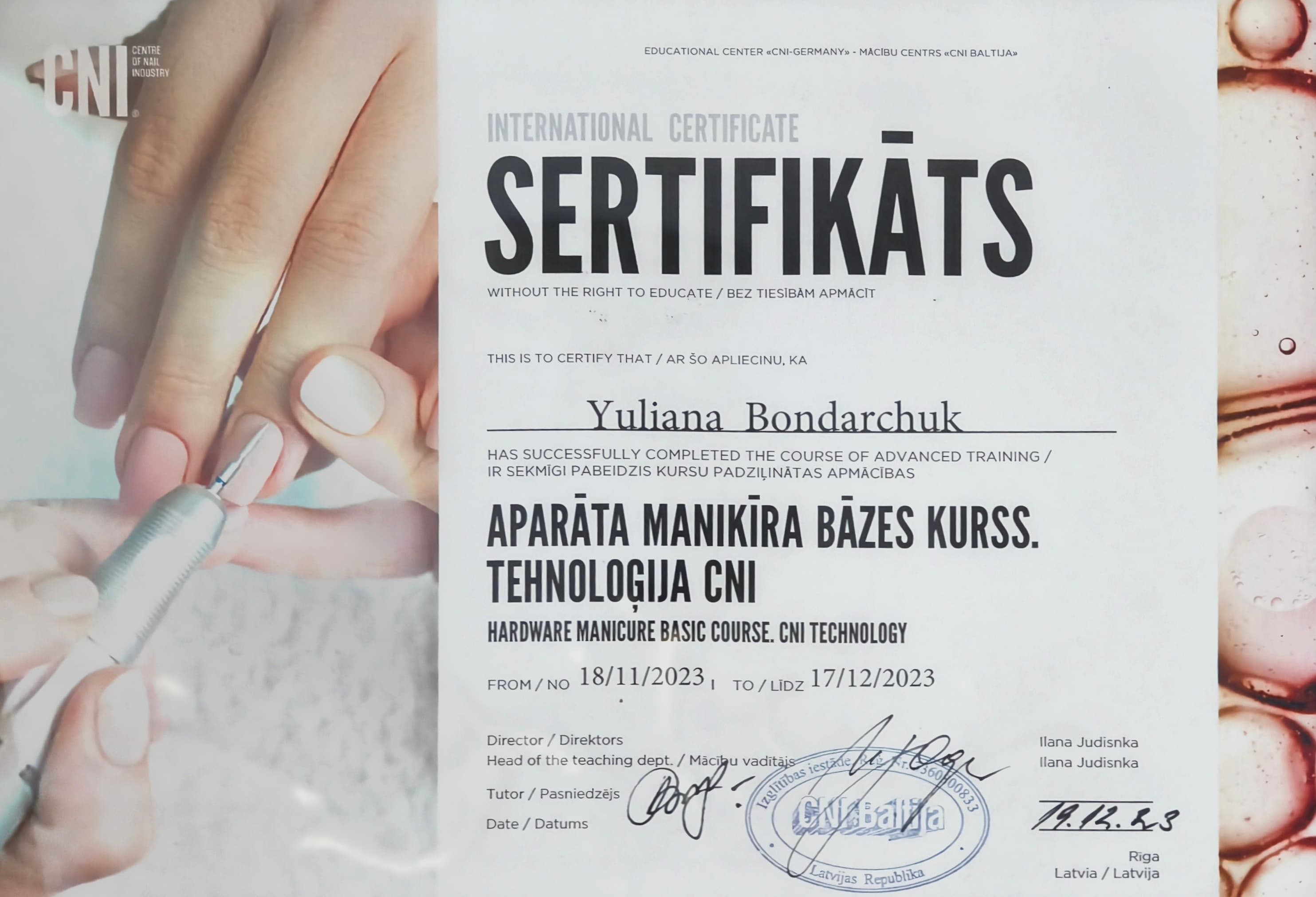 CNI Hardware Manicure Basic Course certificate — Yuliana Bondarchuk