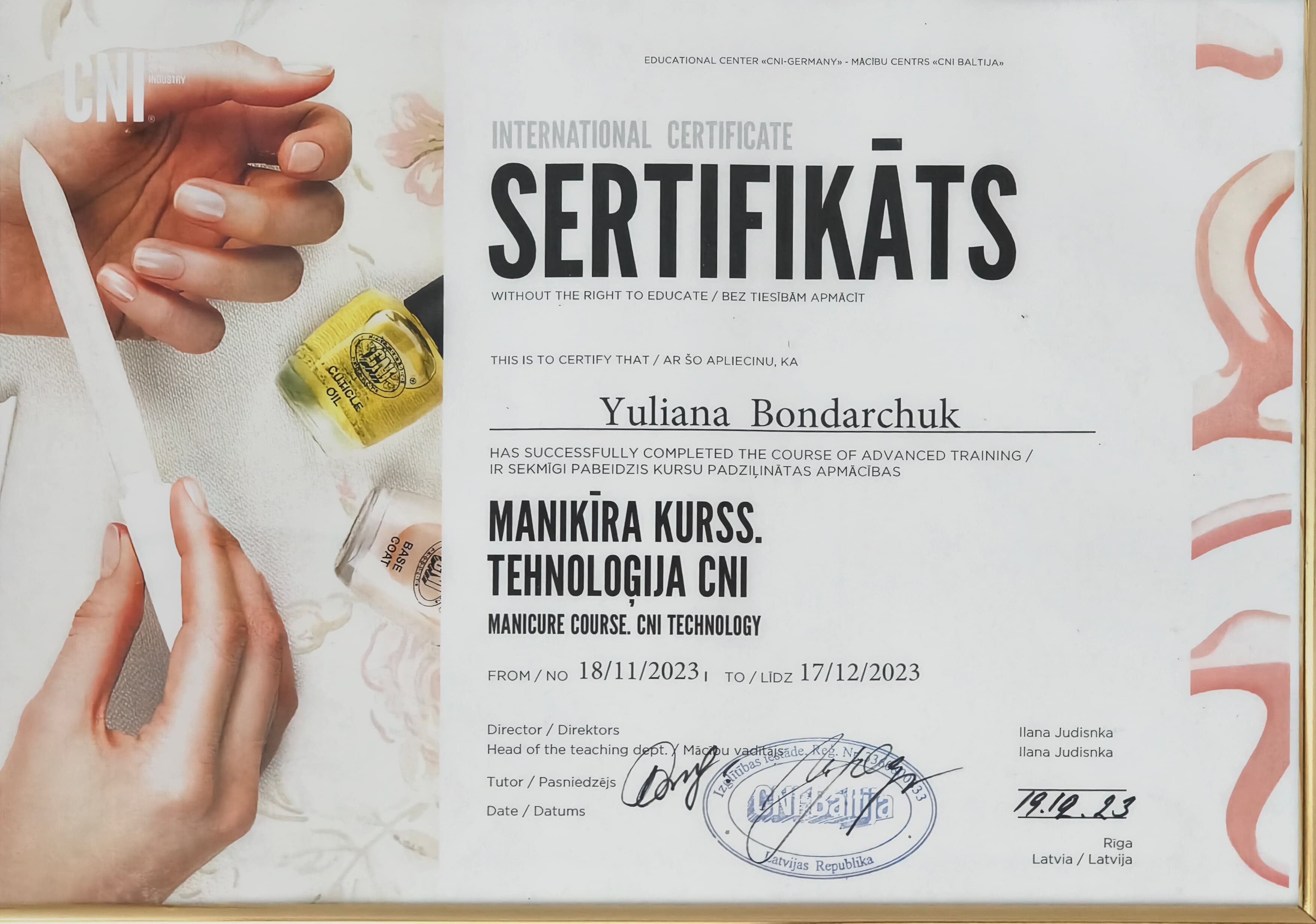 CNI Manicure Course certificate — Yuliana Bondarchuk