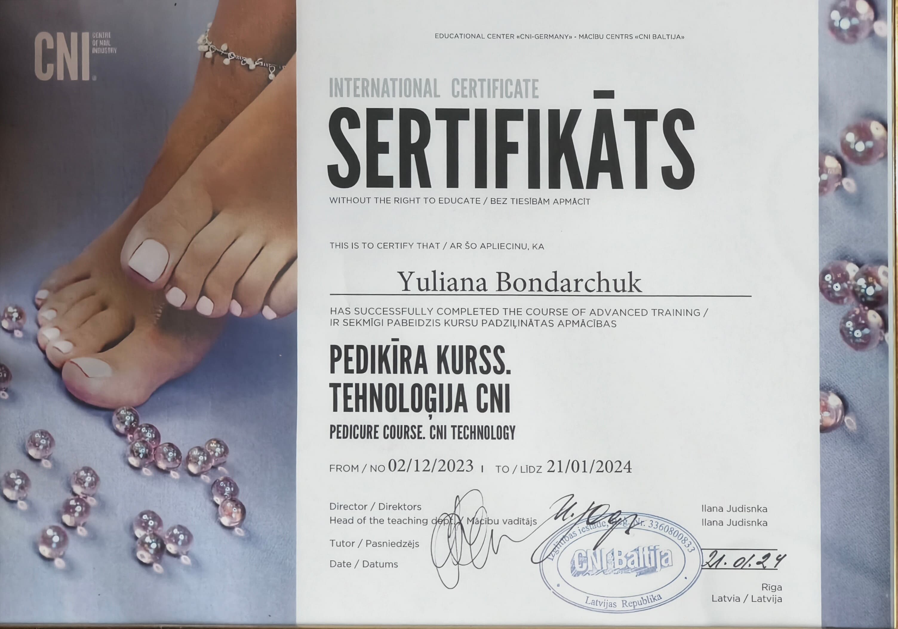 CNI Pedicure Course certificate — Yuliana Bondarchuk